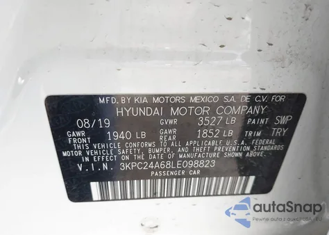 2020 Hyundai Accent Se z USA, uszkodzony, nr VIN 3KPC24A68LE098823